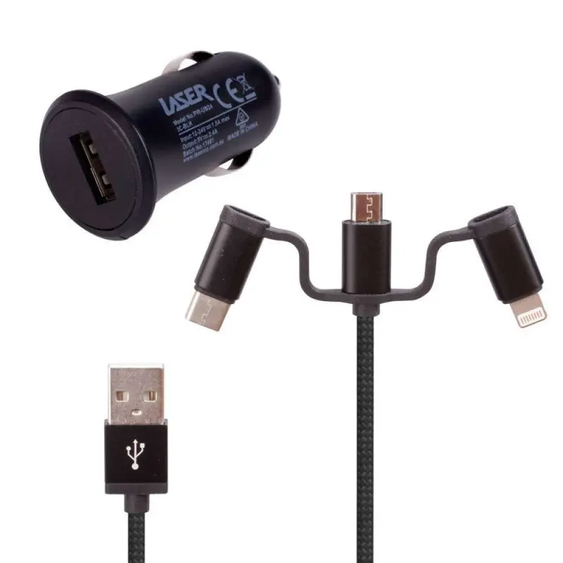 2.4A Laser-Engineered Car Charger With 3-In-1 Integrated Cable – Black 1