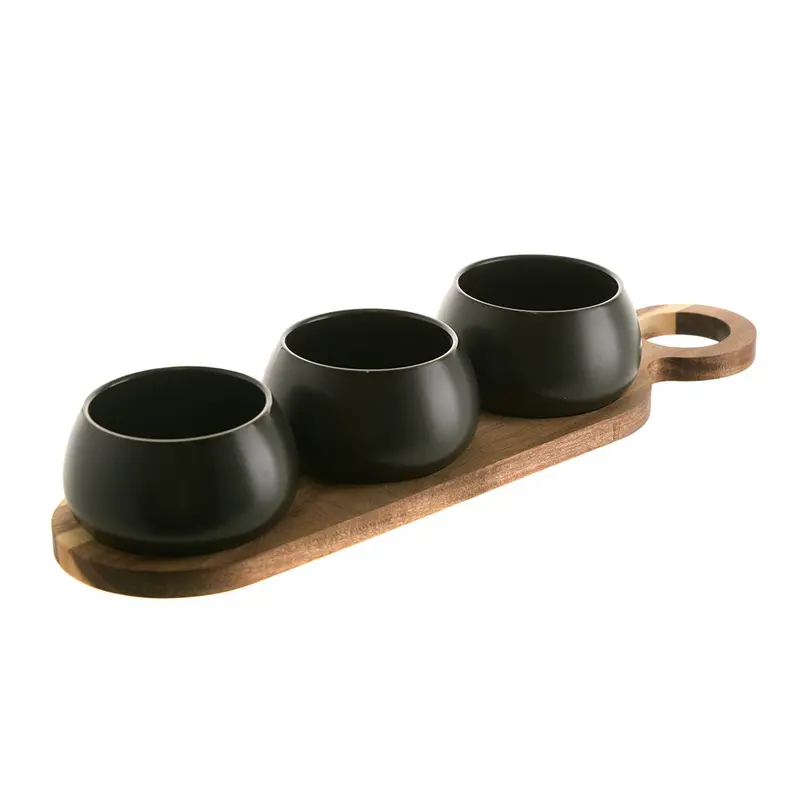 Acacia Wood Tapas Tray Set With Three Matte Black Bowls 1