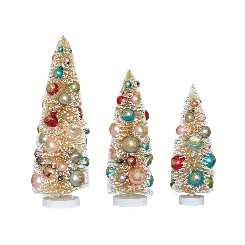 Antique-White Sisal Bottle Brush Trees With Colorful Ornaments And Wooden Bases (Set Of 3) 1