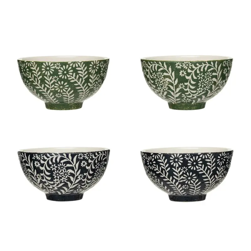 Black And Green Hand-Painted Stoneware Bowls 1