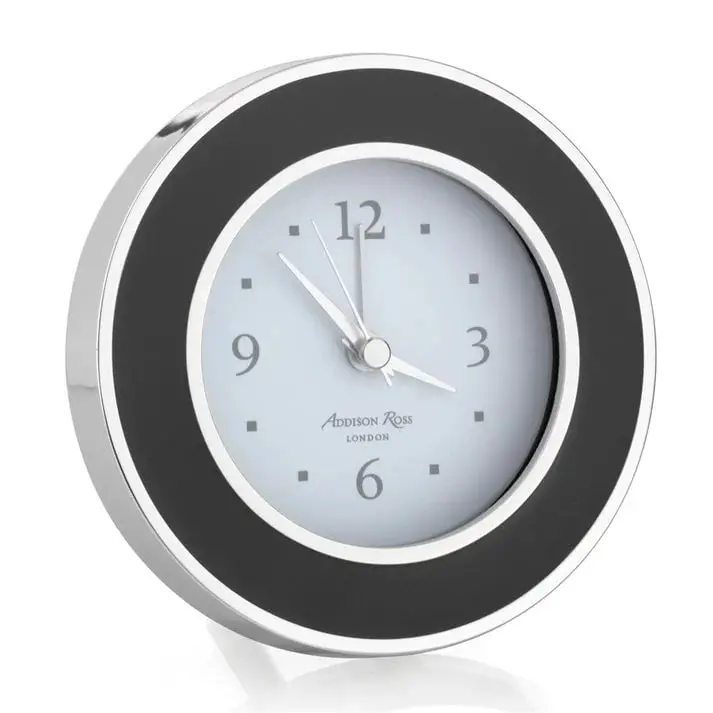 Black Enamel Silent Alarm Clock With Silver Trim 1