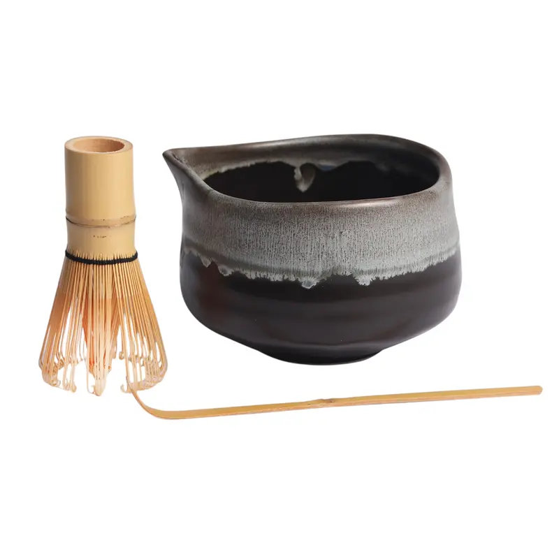Black Porcelain Matcha Latte Bowl With Bamboo Whisk And Scoop Set 1