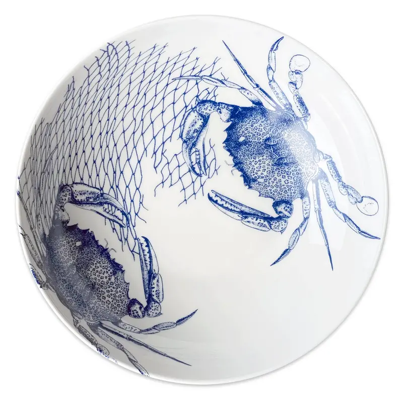 Blue And White Crab Motif Wide Serving Bowl 1