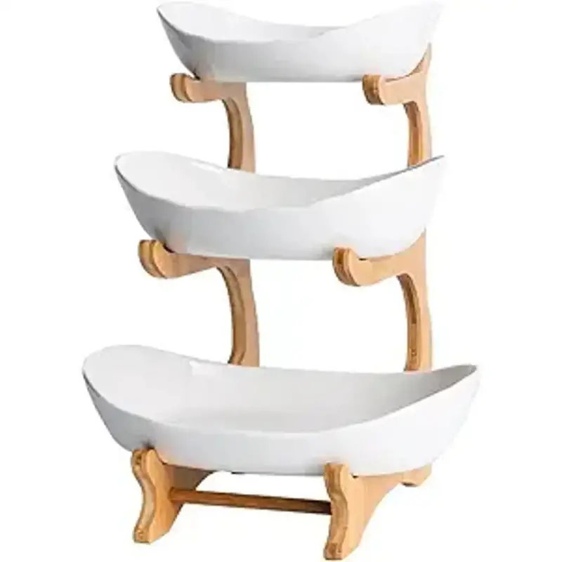 Ceramic Three-Tier Bowl Set – Square Design With Natural Wooden Stand 1