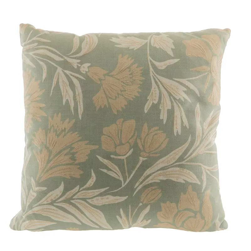 Cream And Green Floral Square Cushion – 50Cm Decorative Pillow 1
