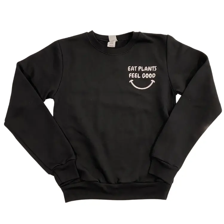 'Eat Plants Feel Good' Kids Crewneck Sweater – Black, Organic Cotton 1
