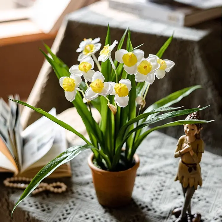 Faux Daffodil Arrangement In Brown Ceramic Pot – Springtime Decor Accent 1