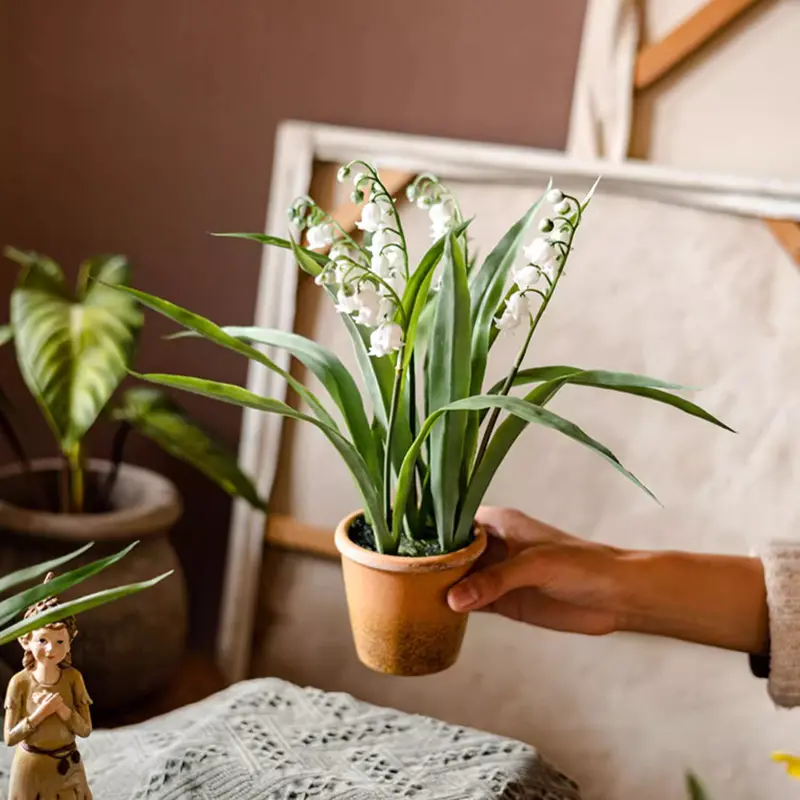 Faux Lily Of The Valley In Brown Stoneware Pot – Delicate Artificial Floral Centerpiece 1