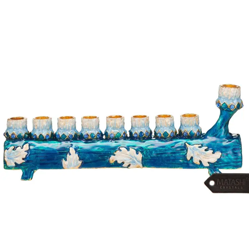 Hand-Painted Blue & Ivory Menorah Candelabra By Matashi 1