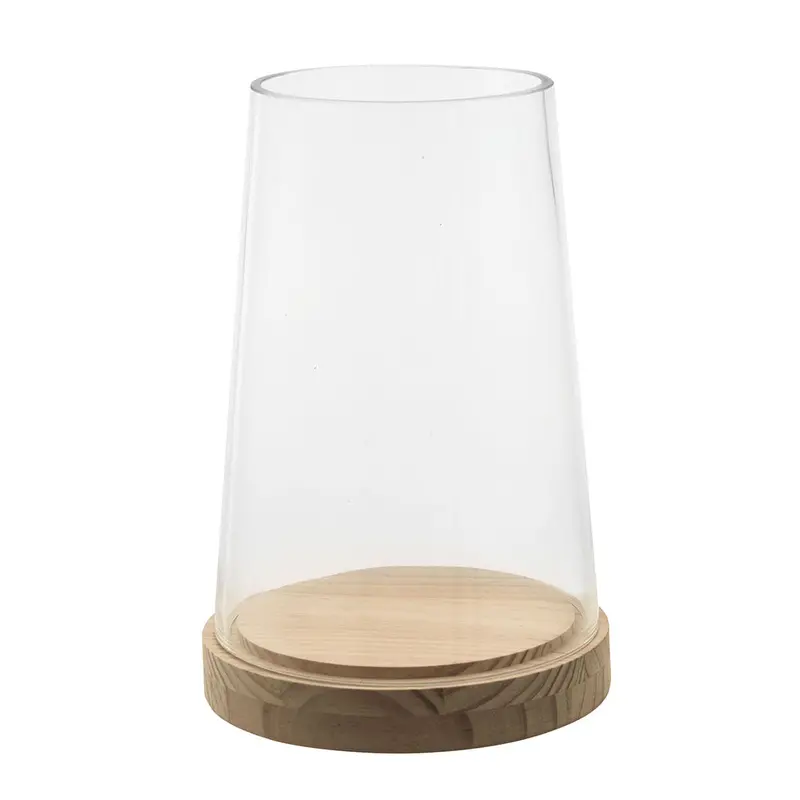 Hurricane Glass Candle Holder On Natural Wood Base 1