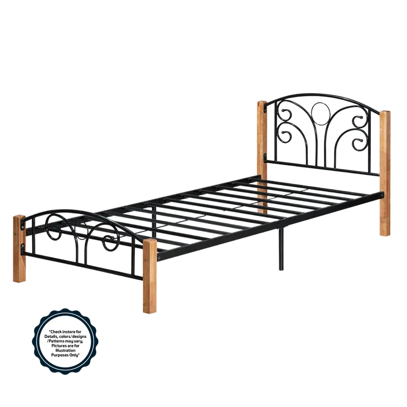 Ivan Metal Single Bed Frame With Wooden Legs – Black/Cappuccino Finish, Kd Assembly 1