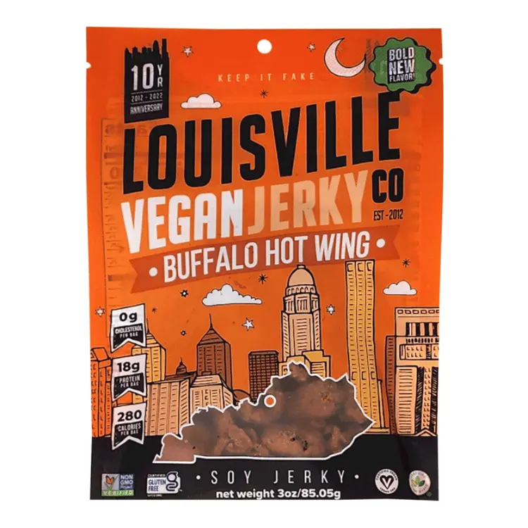 Louisville Vegan Jerky Co. Buffalo Hot Wing–Flavored Jerky – 85 G Bag 1