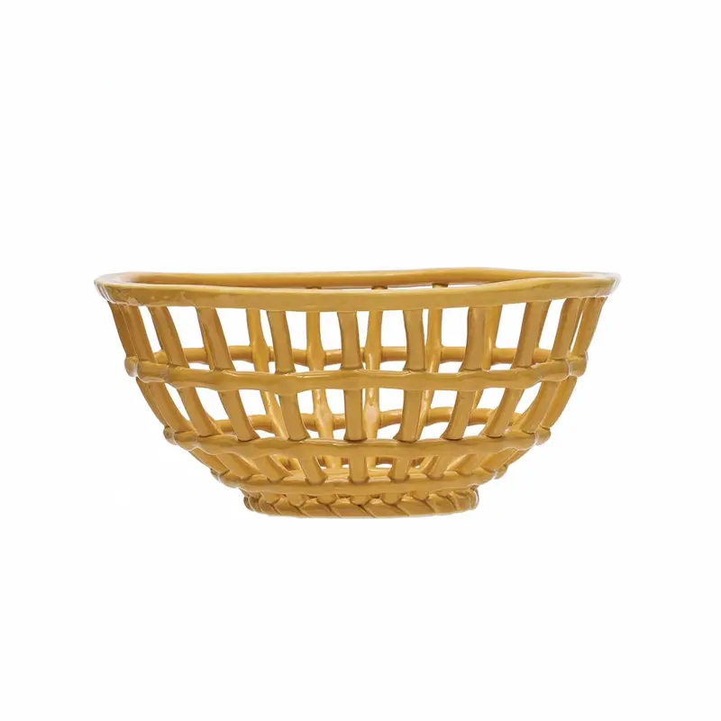 Mustard-Colored Stoneware Basket For Serving Or Storage 1