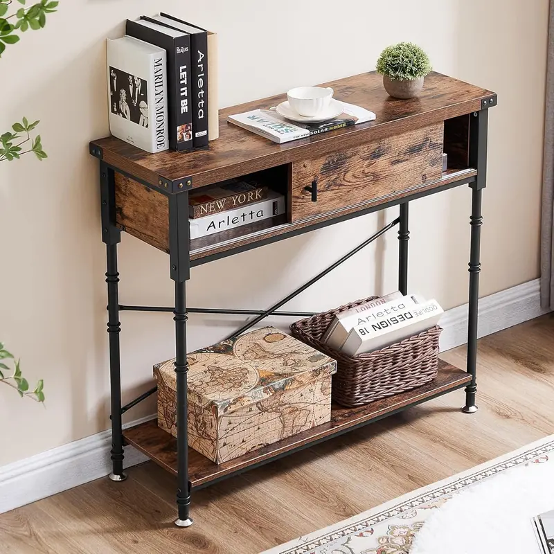 Narrow Wooden Console Table With Drawers And Open Shelf – Modern Sofa Accent Storage Furniture 1