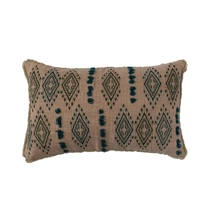 Natural Linen Lumbar Pillow With Teal Embroidered Detail 1