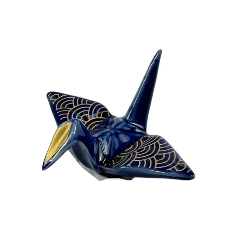 Navy Seigaiha Wave Chopstick Rest – Porcelain Origami Crane Design, 2" Long 1