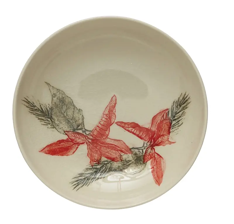 Poinsettia-Embellished Holiday Stoneware Bowl 1