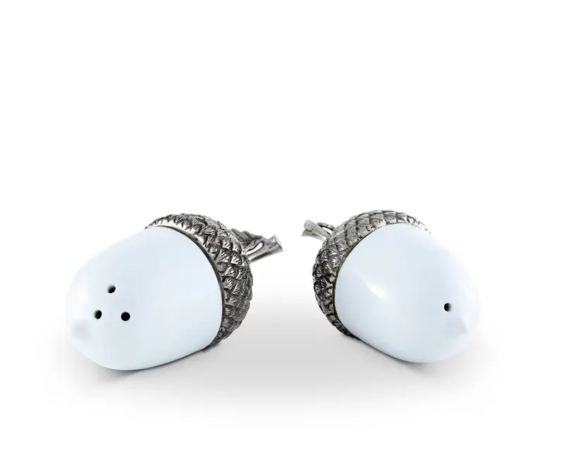 Porcelain Acorn Salt And Pepper Shakers With Pewter Leaf Accents 1
