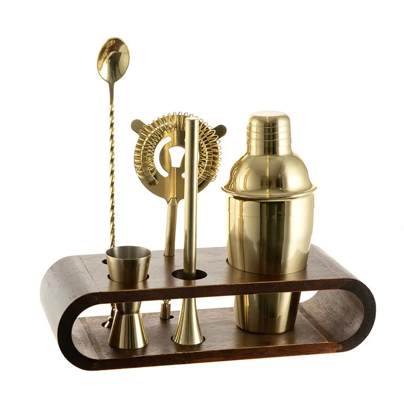 Premium Bar Tool Set: Stainless Steel & Gold Accents On Rubberwood Base 1
