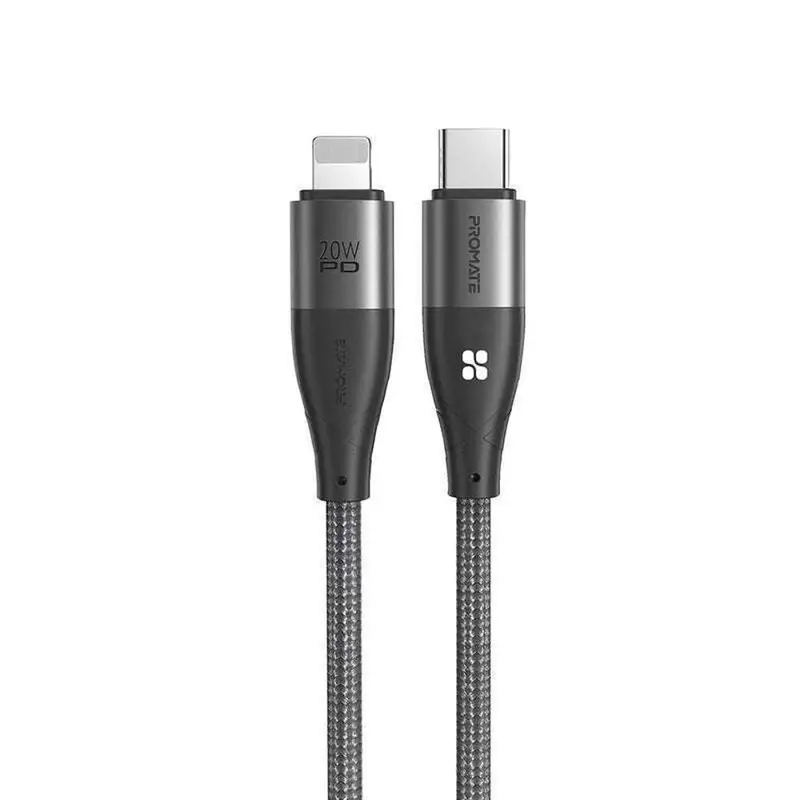 Promate Durable Nylon Usb-C To Lightning Charging Cable – 20W Fast Charge, Grey 1