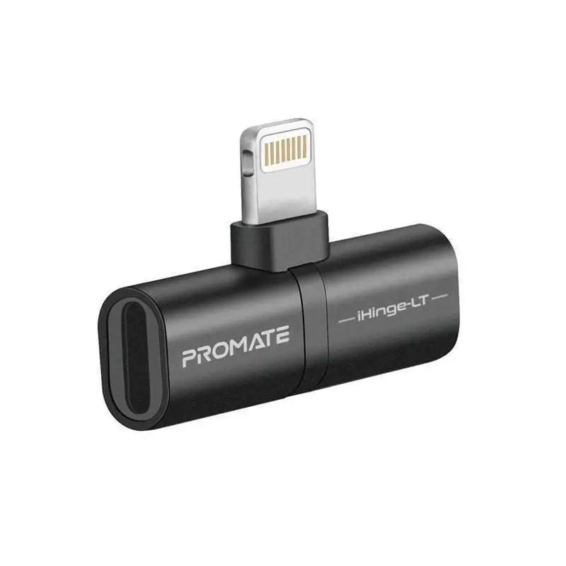 Promate Lightning Splitter Adapter – Dual Charging Output, Compact Black Design 1