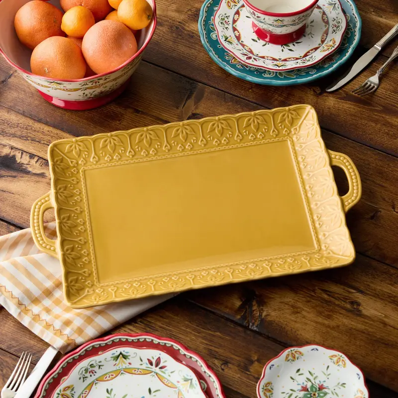 Provence-Style Embossed Rectangular Platter With Handles 1