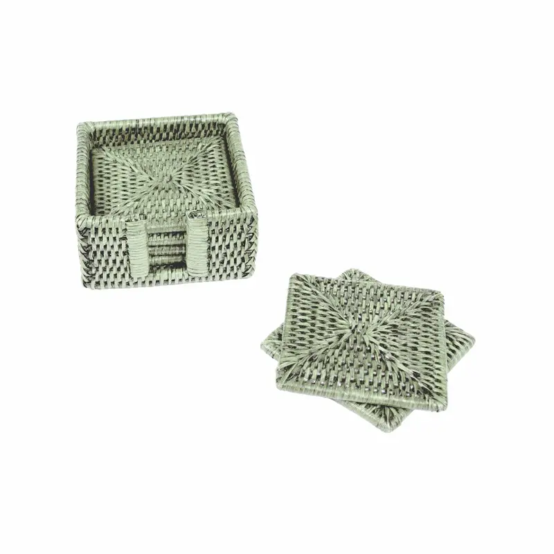 Rattan Square Coaster Set With Holder – 6-Piece 1