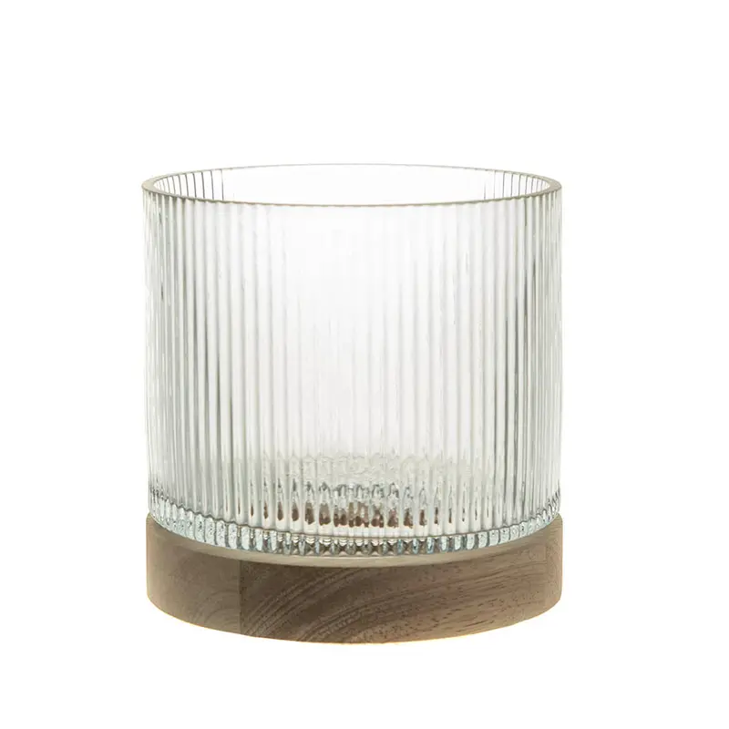 Ribbed Smoke Glass Hurricane Vessel – 14Cm Height On Wooden Base 1