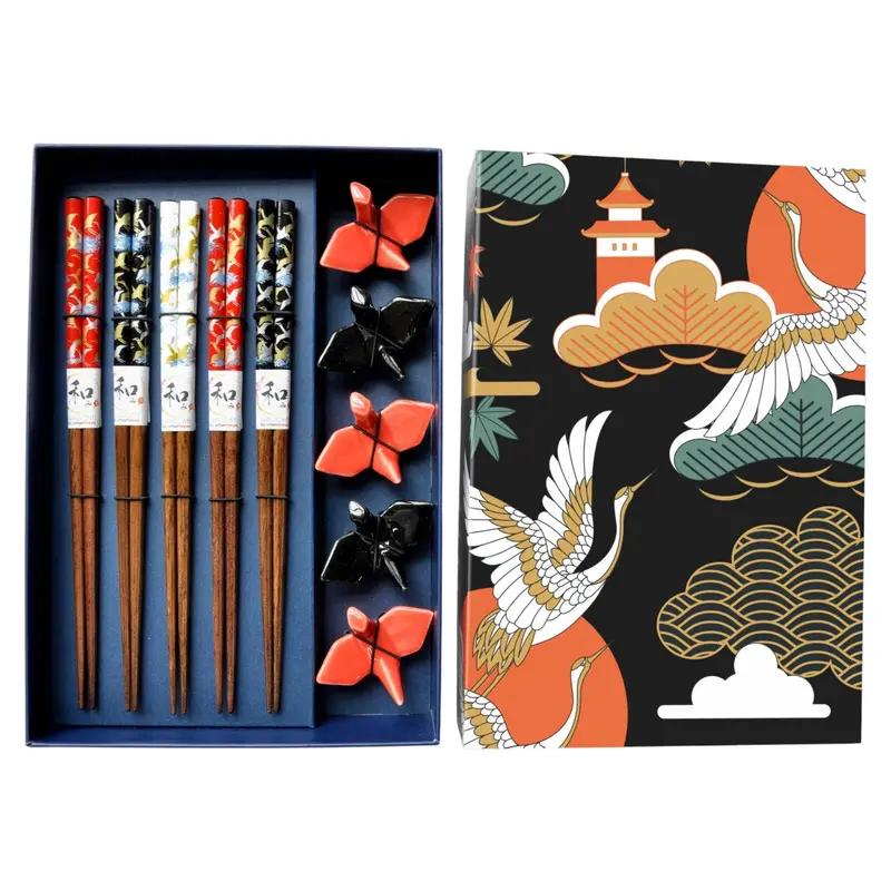 Urban Tokyo Crane-Themed Chopstick Set With Matching Rests – 5-Pair Gift Box 1