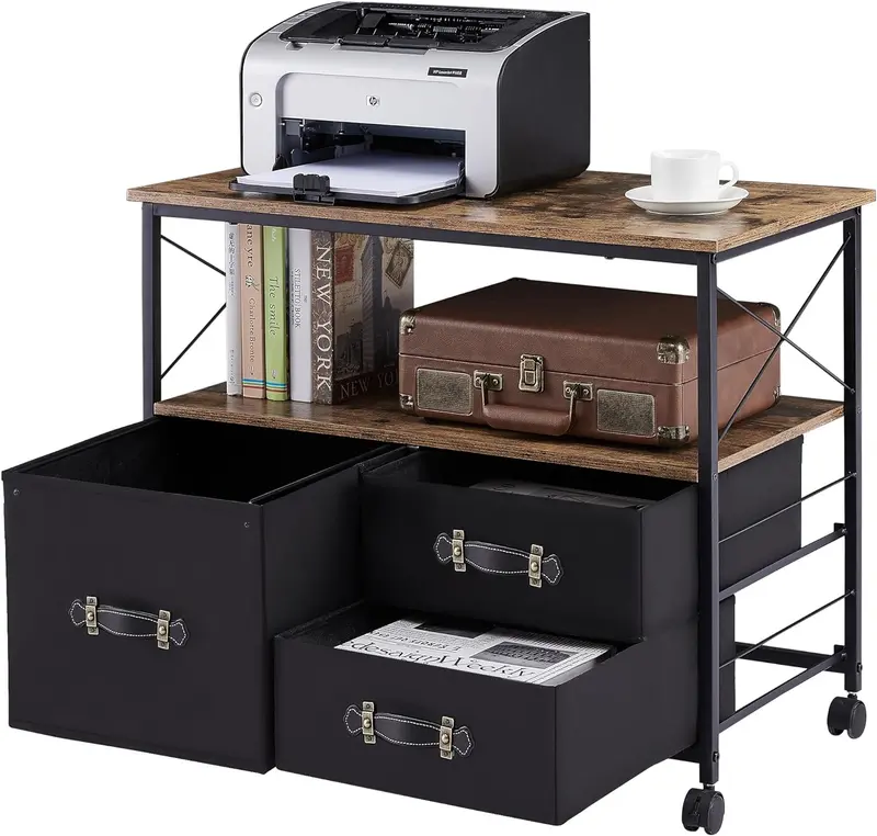 Vecelo 3-Drawer Lateral File Cabinet – Mobile Printer Stand With Open Shelving 1