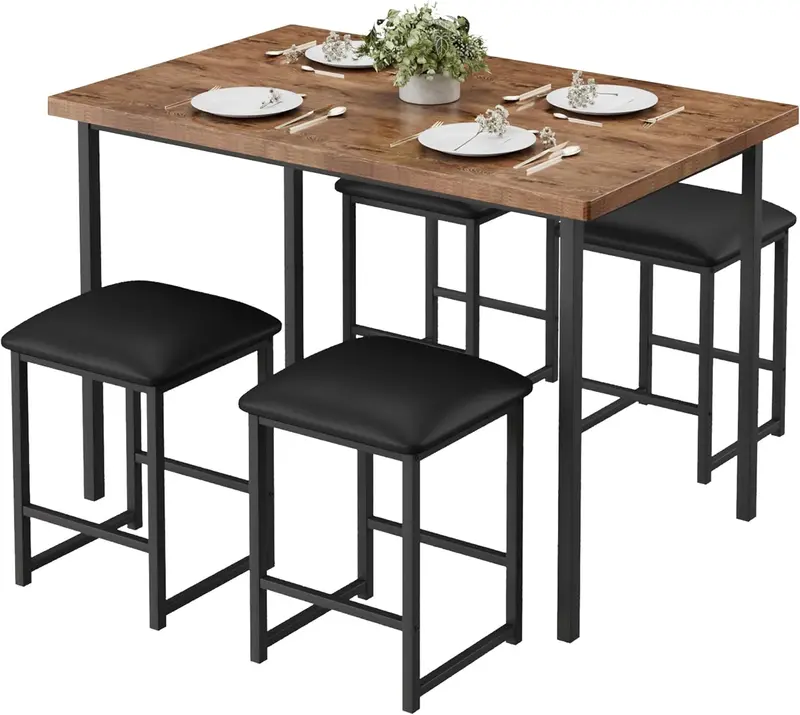 Vecelo 4-Person Dining Set: Table + Pu-Upholstered Chairs And Stools 1