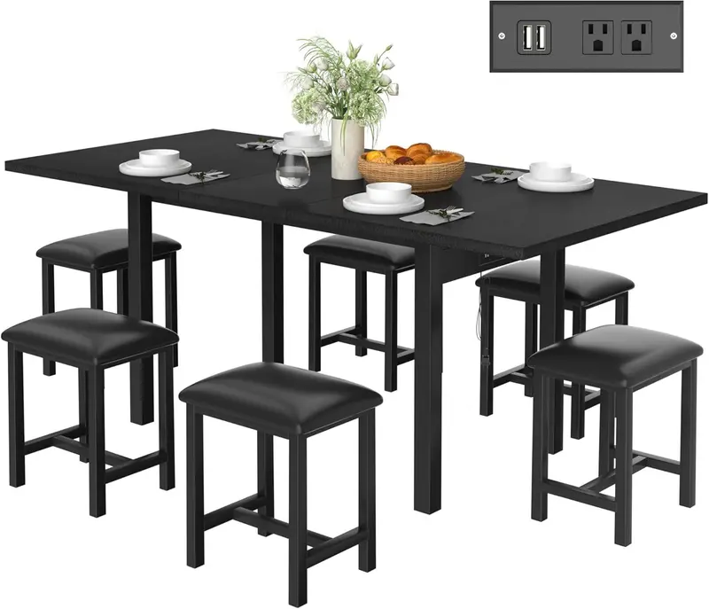 Vecelo 7-Piece Dining Set – Extendable Table With 6 Square Upholstered Stools 1