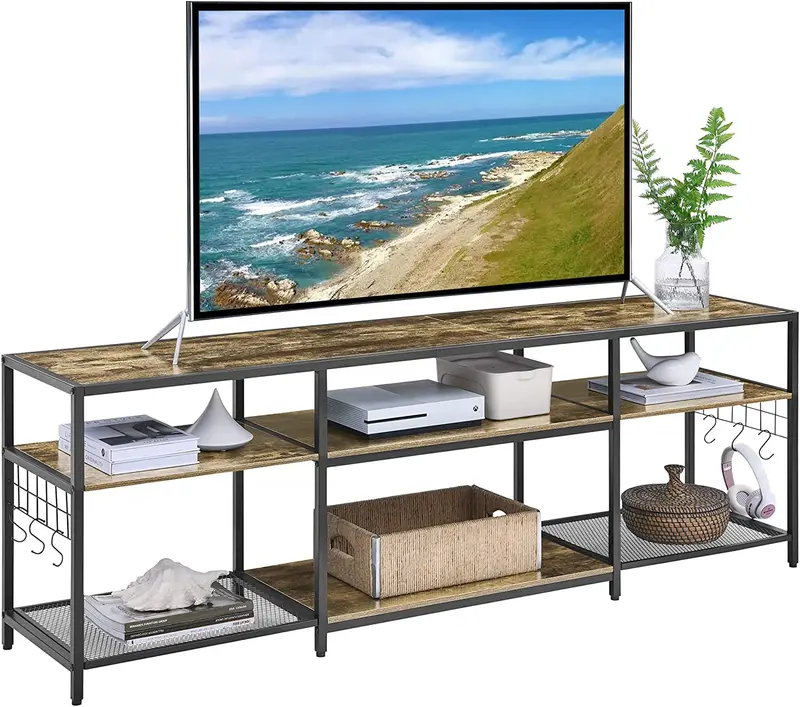 Vecelo Brown Wood Tv Stand – 3-Tier Open-Storage Entertainment Console With Cabinet Base 1