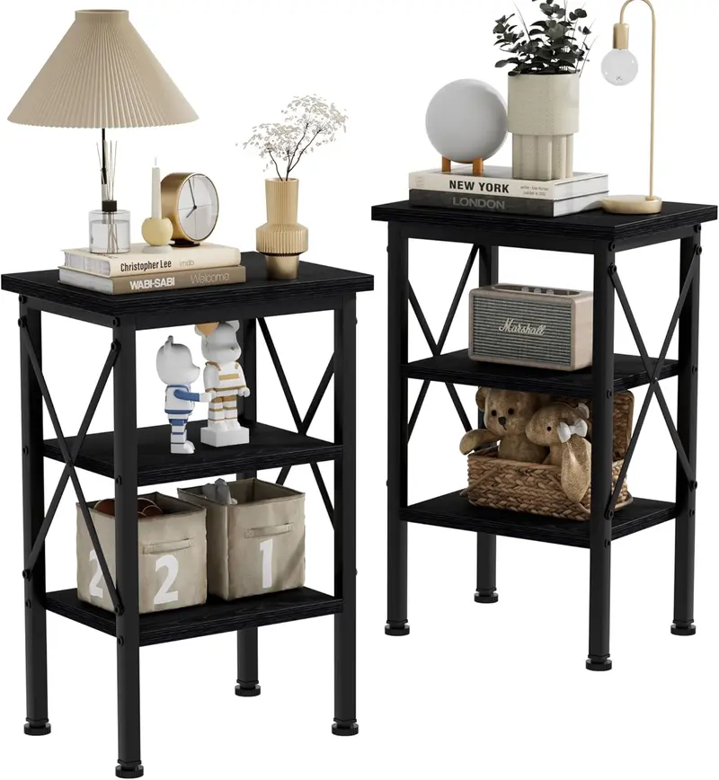Vecelo Contemporary X-Frame Nightstand With Fabric Drawer And Open Shelf 1