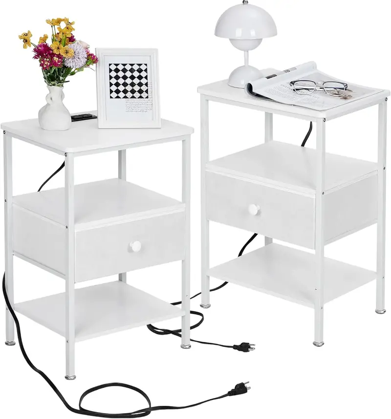 Vecelo End Table With Usb/Ac Charging Ports & Sleek Storage Shelf 1