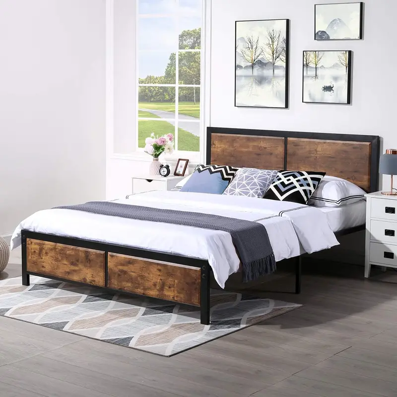 Vecelo Full-Size Rustic Platform Bed Frame With Vintage Wood Headboard 1