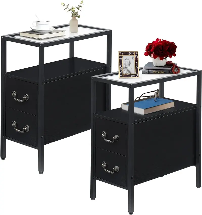 Vecelo Glass-Top Nightstand – Narrow 2-Drawer Side Table With Tempered Glass Surface 1