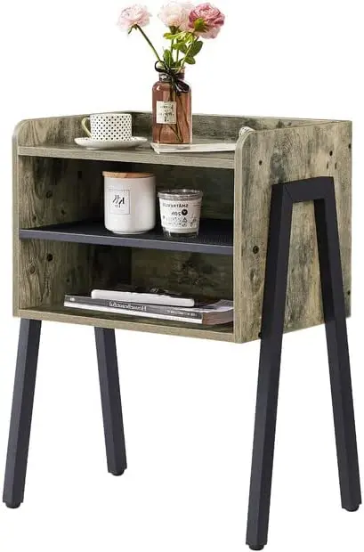 Vecelo Industrial Accent Nightstand Featuring Dual-Tier Open Storage Compartments 1