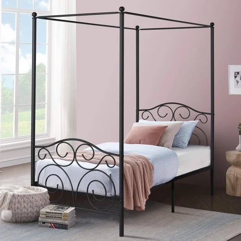 Vecelo Industrial-Style Metal Canopy Bed Frame – No-Headboard Design 1