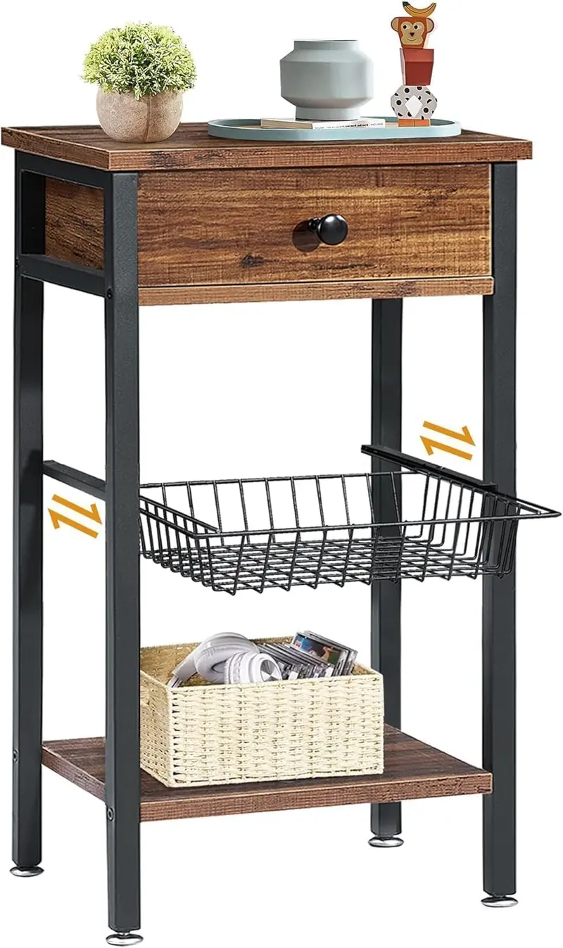 Vecelo Industrial-Style Tall Nightstand – Retro Side Table With Open Shelf Storage 1