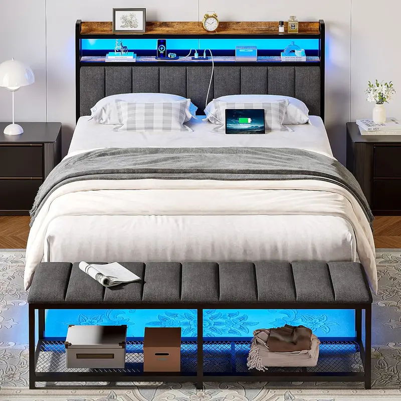 Vecelo Led-Lit Bench Bed Frame – Modern Platform With Integrated Lighting 1