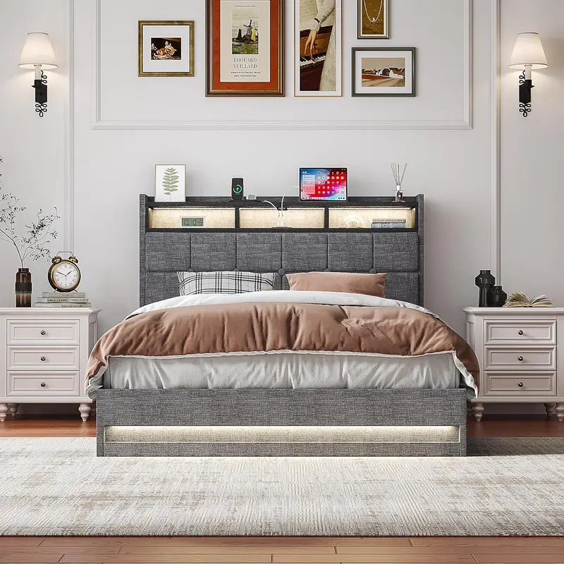 Vecelo Lift-Up Storage Bed With Led Lighting And Dual Usb Charging Ports 1