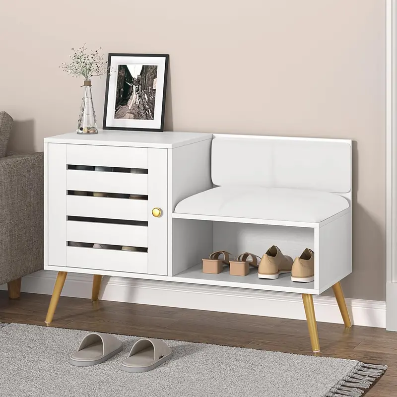 Vecelo Louvered Entryway Bench With Adjustable Shelf, Flip-Door Storage & Removable Pu Cushion 1