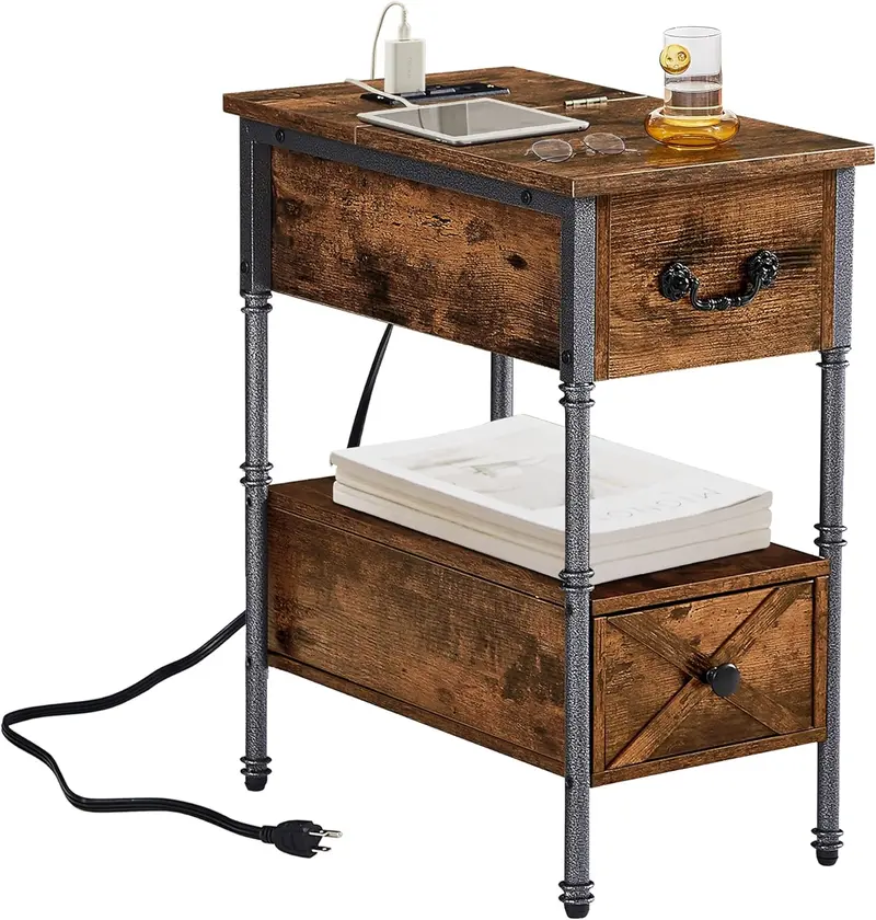 Vecelo Narrow Charging End Table – Flip-Top Nightstand With Usb Ports & Hidden Cable Management 1