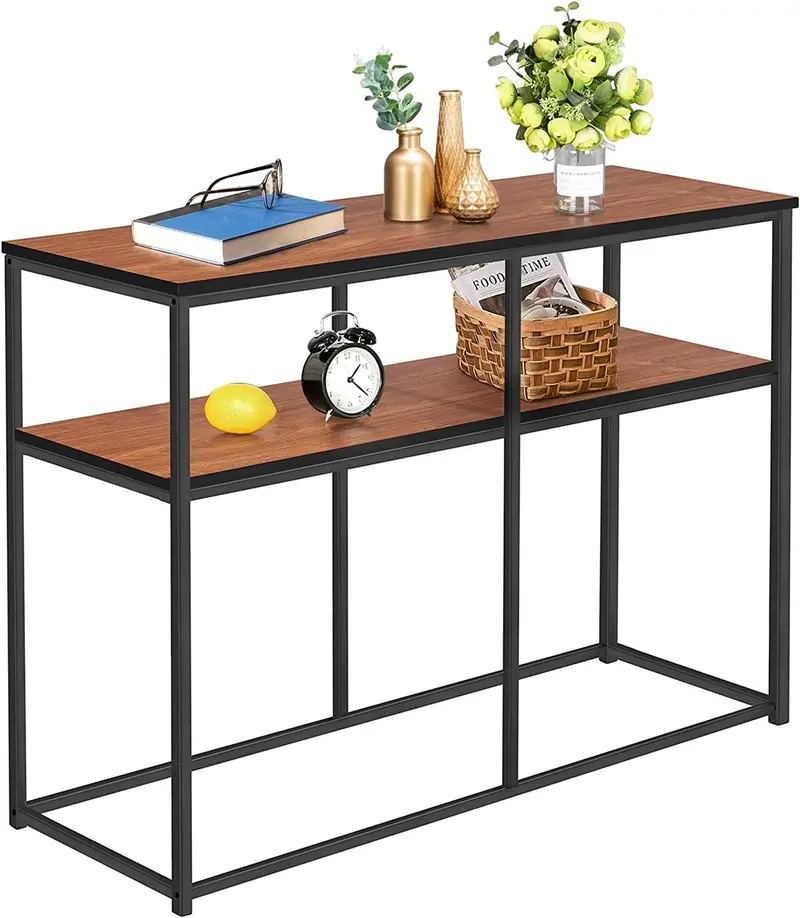 Vecelo Narrow Console Table – Rustic 2-Tier Hallway Sofa Table With Storage Shelves 1