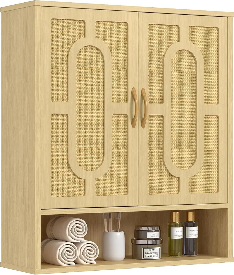Vecelo Rattan-Style Wall-Mounted Bathroom Cabinet – Natural Woven Accent Storage 1