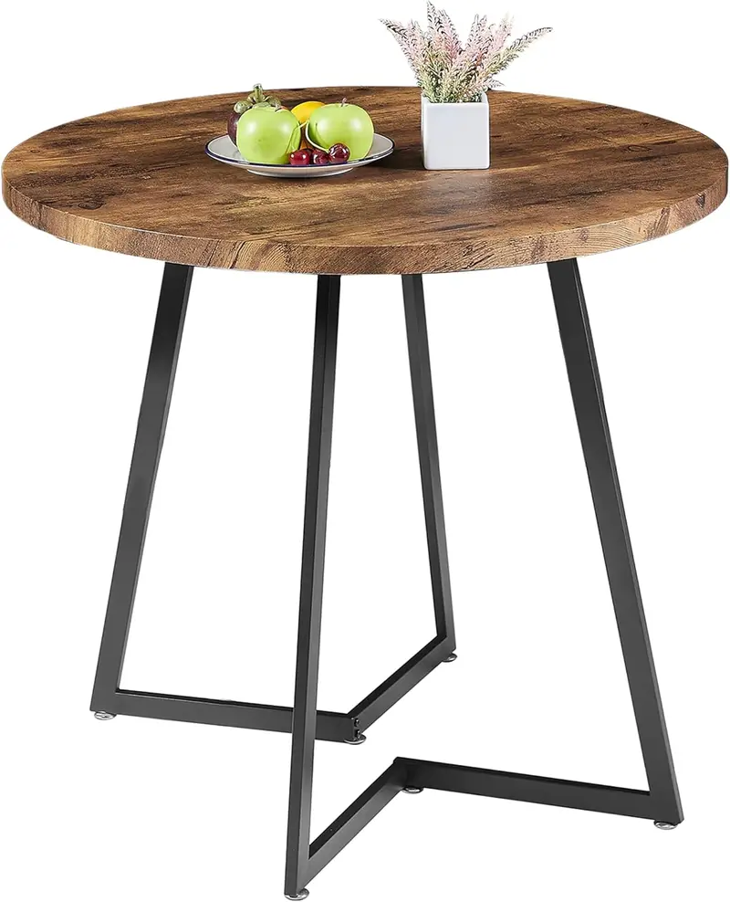Vecelo Round Dining Table With Realistic Wood-Grain Top And Sleek Steel Base 1
