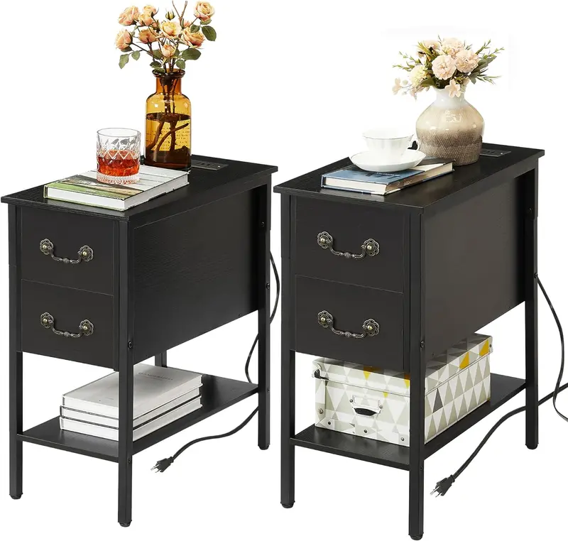 Vecelo Slim Charging Nightstand With Dual Usb Ports, Drawers & Vertical Design 1