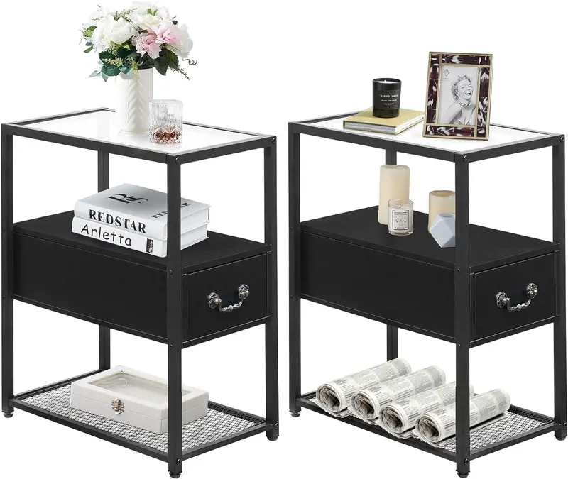Vecelo Slim Glass Nightstand With Concealed Drawer And Minimalist Design 1
