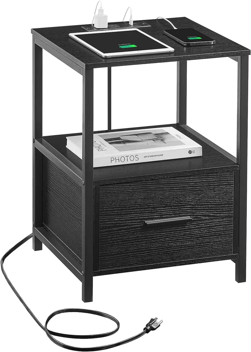 Vecelo Smart Nightstand With Built-In Usb Charging Station & Ports 1